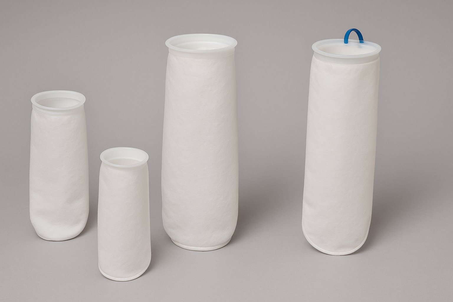 Set of four white liquid filter bags of varying sizes standing upright on a gray background