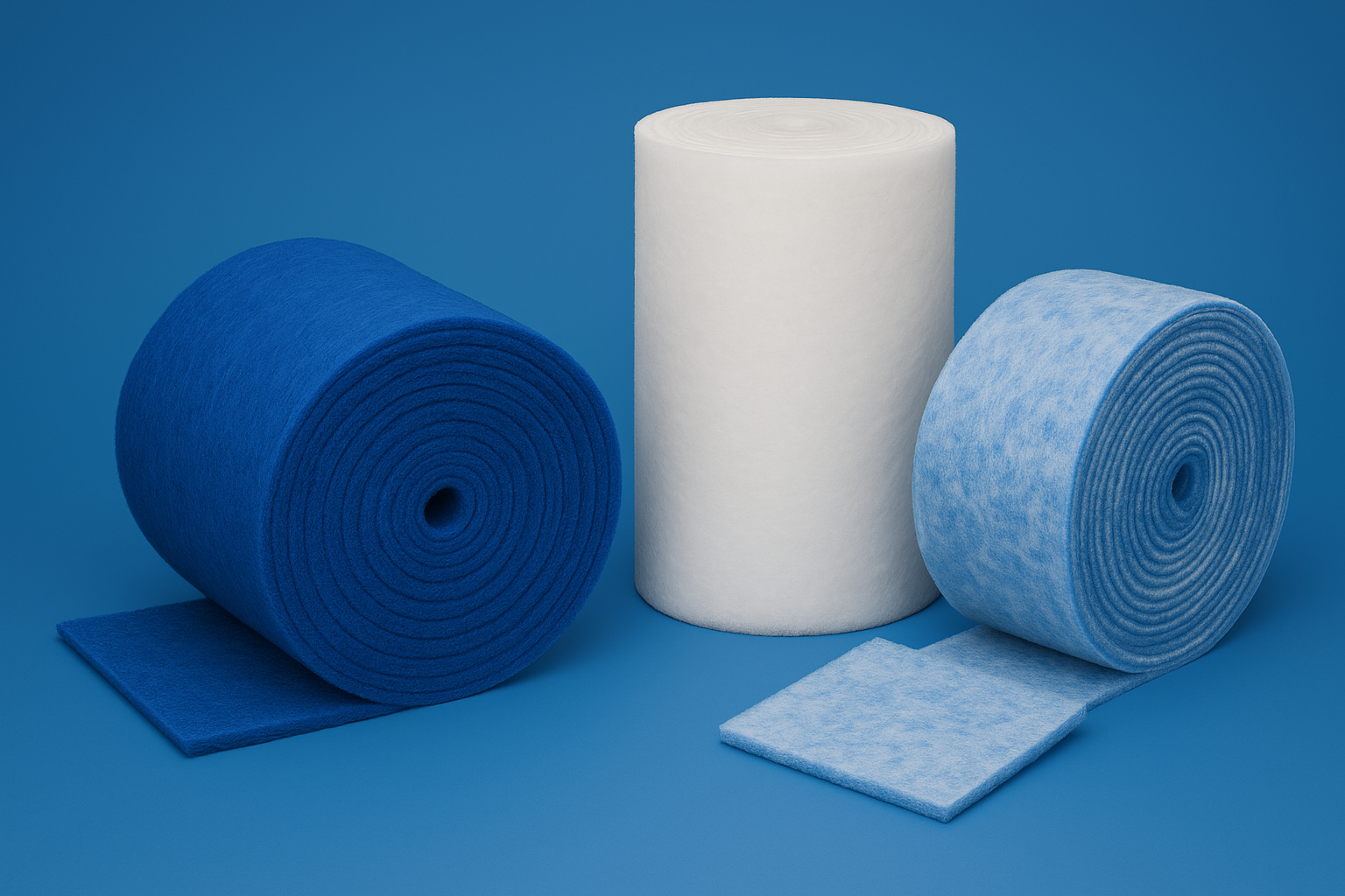 Three industrial filter media rolls in blue, white, and light blue used for air filtration